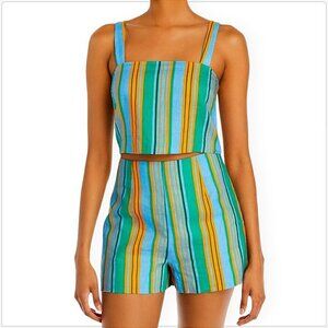 STAUD Rigina Top and Oscar Shorts 2 Piece Set Linen Colorful Stripes NWT 8 10